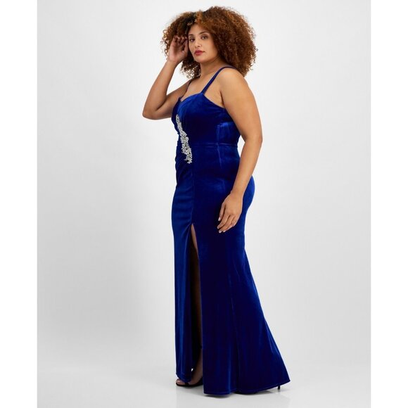 City Studios Trendy Plus Size 22W Velvet Embellished Ruched Gown Blue MSRP $129 - Picture 3 of 4